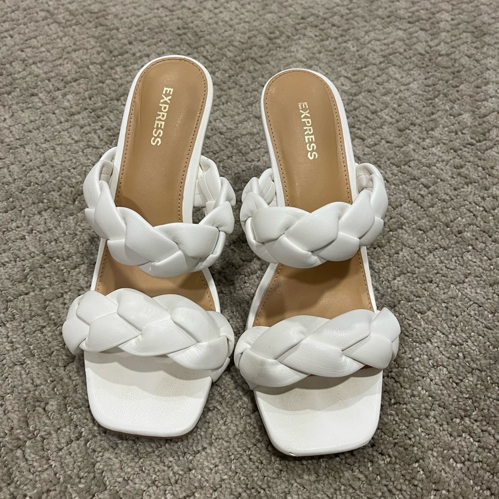 Express white braided strap heeled sandals size 7